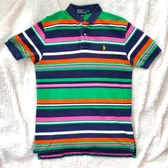 POLO RALPH LAUREN Vtg Y2K Multicolor Striped Polo M - Picture 2 of 6
